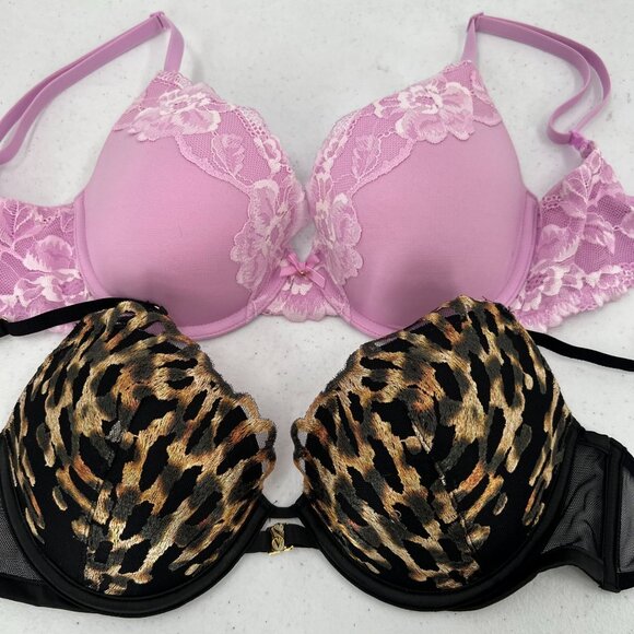 VS Lot of 2 Push Up Bras 30DD Very Sexy Body By Victoria Leopard Pink Lace - Picture 1 of 11